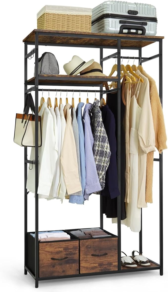 CAPHAUS 550lbs Capacity Garment Rack for Hanging Clothes, Heavy Duty Metal Open Wardrobe w/Hanging Rods & Drawers, Free Standing Closet Organizer, Metal Closet w/Wooden Boards, Rustic Oak Board