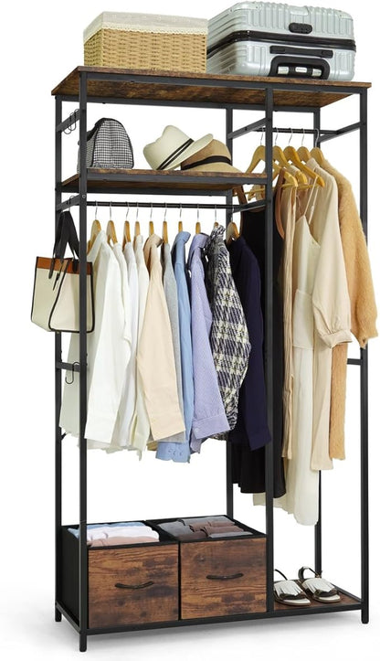 CAPHAUS 550lbs Capacity Garment Rack for Hanging Clothes, Heavy Duty Metal Open Wardrobe w/Hanging Rods & Drawers, Free Standing Closet Organizer, Metal Closet w/Wooden Boards, Rustic Oak Board