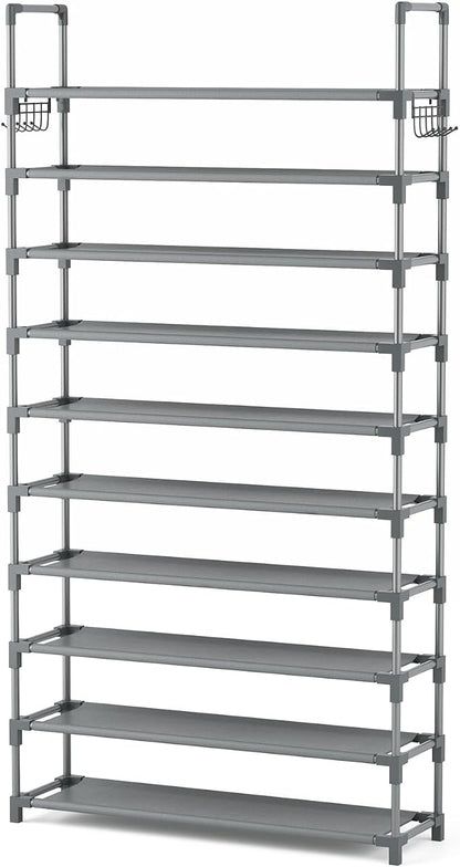 VTRIN 10 Tiers Shoe Rack Tall Large Capacity Wide Shoe Organizer Sturdy Shoe Shelf for Entryway with Two Hooks Metal Shoe Storage for Closet, Bedroom, Grey
