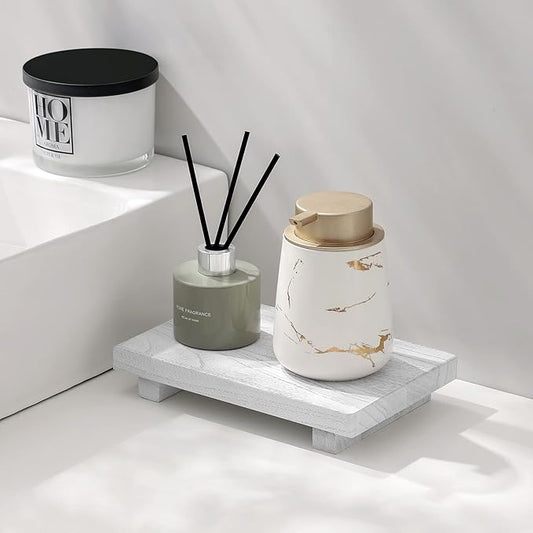zoocatia Small Wood Tray Pedestal Stand Farmhouse Bathroom Decor Decorative Wooden Riser Kitchen Soap Dish Holder for Vanity, Counter, Sink, 9" x 5.9" - White