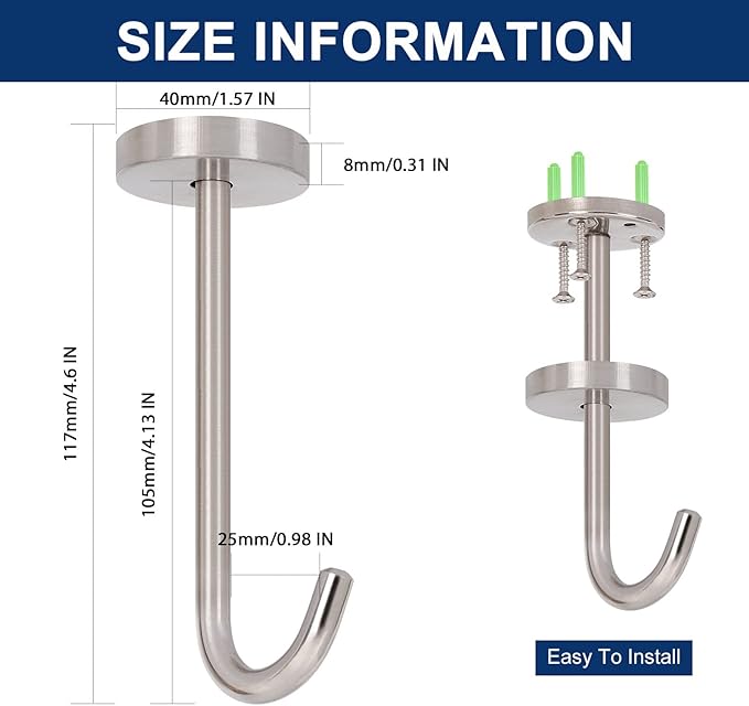 NearMoon Coat Hooks, Wall Mount Hooks for Hanging Hat Hurse Robe, 304 Stainless Steel Heavy Duty Towel Hangers for Bathroom Livingroom Kitchen-Ceiling Hook, 6 Pack (4 Inch, Brushed Nickel)