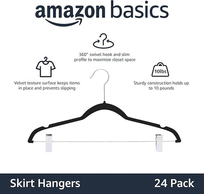 Amazon Basics Velvet, Non-Slip Skirt Clothes Hangers with Clips, Organize Pants and Skirts, Black/Silver, Pack of 24