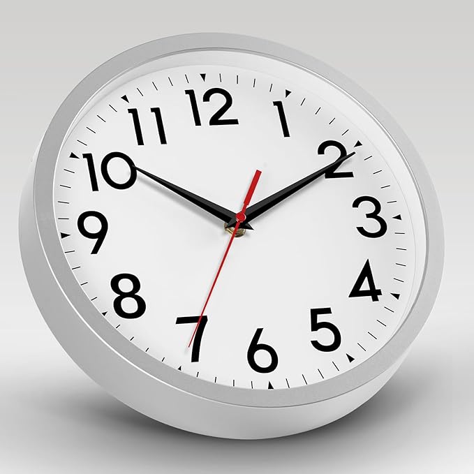 DAXSMY Wall Clock Small Analog 8 Inch Silent Non Ticking Battery Operated Modern Simple Decorative for Kitchen Office Bedroom Bathroom Living Room(Silver)