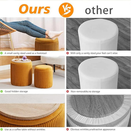BLEXA Round Ottoman with Storage Set of 2-Upholstered Velvet Vanity Stool for Makeup Multifunctional Ottomans Coffee Table Padded Seat Foot Rest (Yellow-Upgrade Tray Lid)