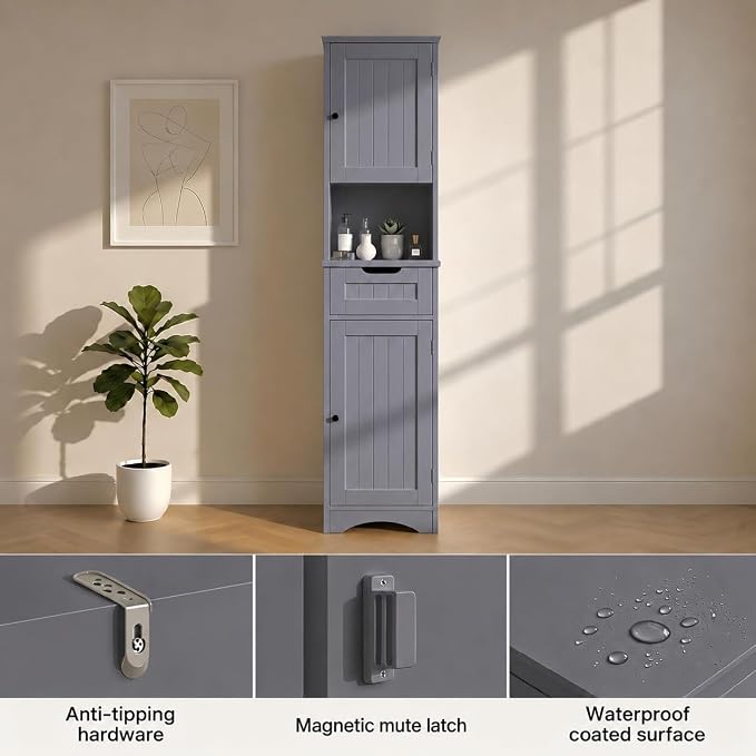 Gizoon 67" H Tall Bathroom Cabinet, Storage Cabinet with 2 Doors & Drawer, Narrow Linen Tower Freestanding Adjustable Shelves for Home, Kitchen, Versatile, Anti-Tipping, Grey