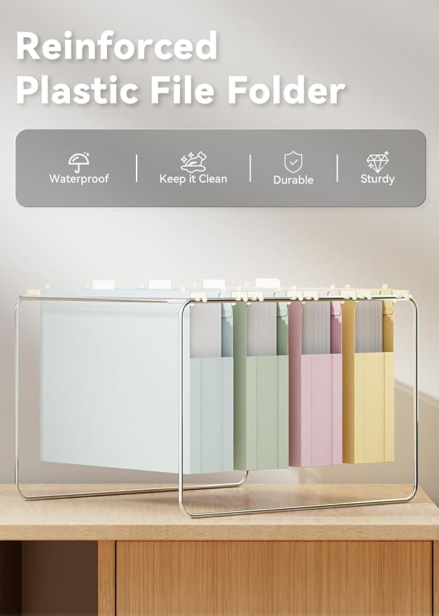 Ansook Letter Hanging File Folders Extra Capacity,Heavy Duty 2" Pastel Expandable Letter Size File Folder Hanging with Tabs,12 Pack Plastic File Cabinet Folders,Office School Hanging File Organizer