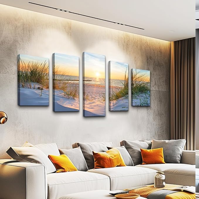 Canvas Wall Art For Living Room Large Size Wall Decor For Bedrooms Beach Grass Blue Ocean Landscape Painting Office Wall Decorations Seascape Print Canvas Pictures Artwork Home Decor Works 5 Piece