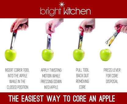 Apple Corer + Pineapple Tool + Herb Kale Stripper- Lever Tool by BRIGHT KITCHEN Stainless Steel Pear Fruit Seed Remover Cherry Red Grip with Serrated Blade (Apple + Pineapple + Herb)