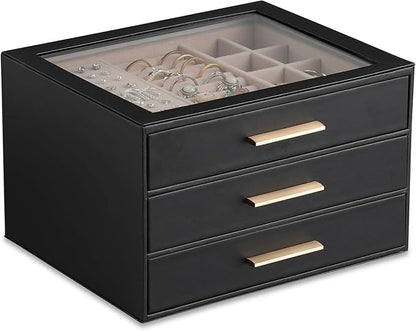 Frebeauty Clear Lid Jewelry Box,3-Layer Jewelry Organizer with Drawer,PU Leather Jewelry Organizers and Storage,Jewelry Boxes for Women,Jewelry Storage for Rings Earring Stud,Gift for Women(Black)