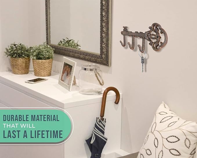 Comfify Decorative Skeleton Key Hook – Wall Mounted Cast Iron with 3 Hooks – Vintage Rustic Style – 7.7" x 4.5" – Includes Screws and Anchors