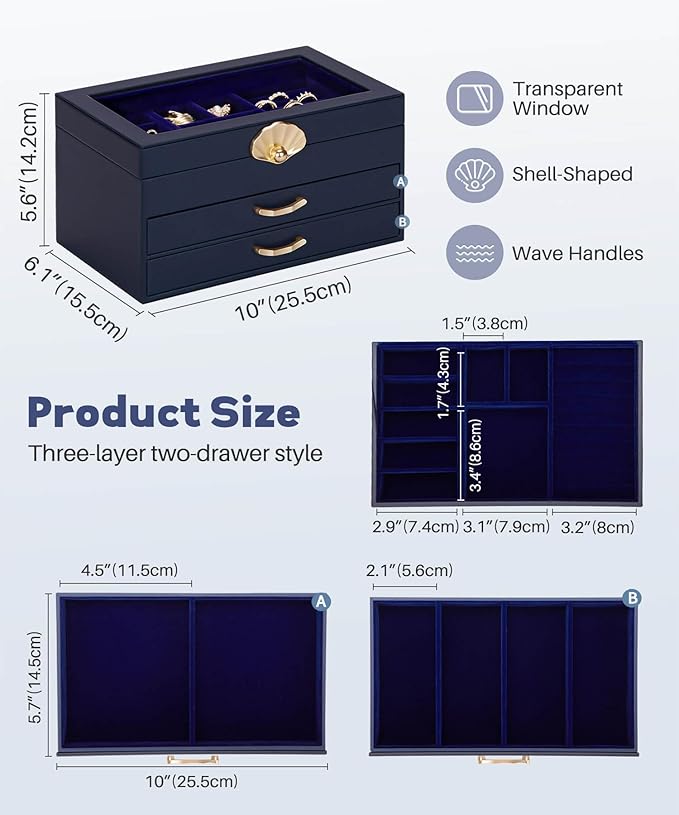 Jewelry Box with 2 Drawers: Display Organizer for Earrings Necklaces - Gifts for Girls Women (Dark Blue)