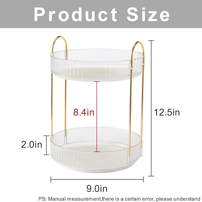 INVSSENE 360° Rotating Makeup Organizer, Bathroom Make Up Spinning Holder Rack, Large Capacity Cosmetics Storage Vanity Shelf Countertop, Fits Cosmetics, Perfume, Skincare(2 Tiers, Clear)