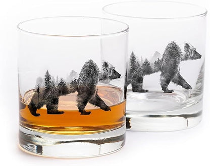 Black Lantern Nature and Animal Themed Whiskey Glass Set 11oz Premium Heavy Base Glasses for Outdoor Enthusiasts Set of 2 Everyday Drinking Glasses (Double Exposure Bear)