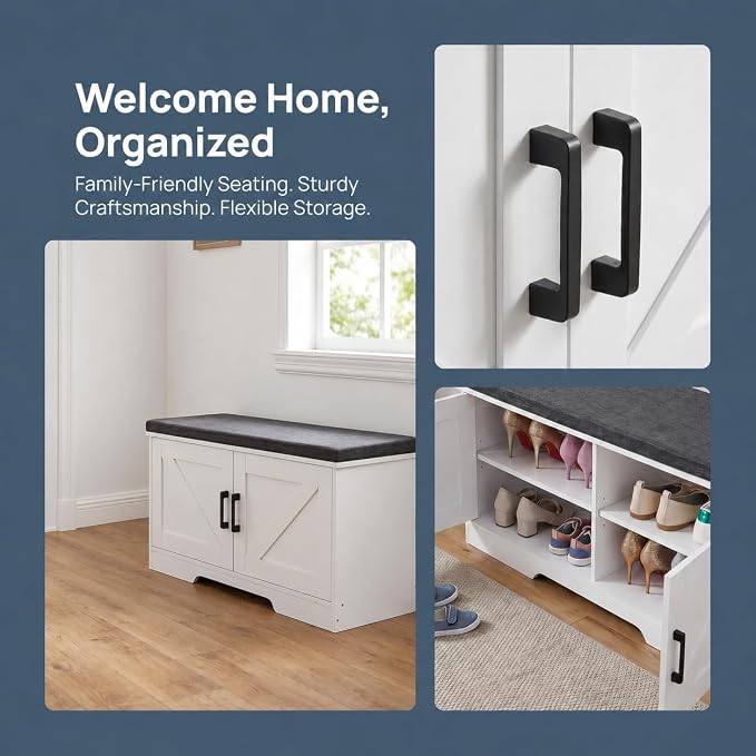 HOMSHO 2-Tier Storage Bench, 39.4" Wide Shoe Bench with Padded Seat Cushion, Entryway Bench with 2 Barn Doors and Adjustable Shelf, White