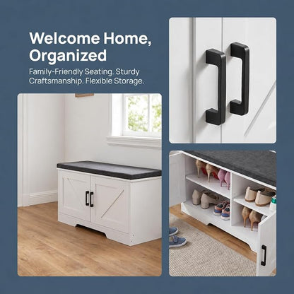HOMSHO 2-Tier Storage Bench, 39.4" Wide Shoe Bench with Padded Seat Cushion, Entryway Bench with 2 Barn Doors and Adjustable Shelf, White