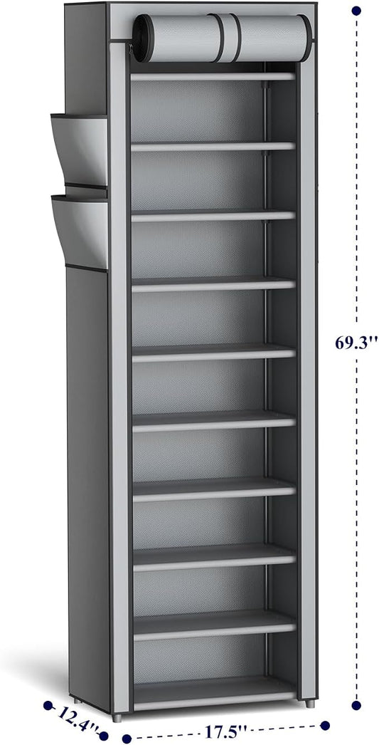 Kitsure Shoe Rack - 10-Tier Large Capacity Shoe Organizer Shelf with Dust Cover & Side Pockets, Rust-Proof Metal Shoe Rack for Closet, Entrance, Living Room, 17.5" x 12.4" x 69.3", Grey