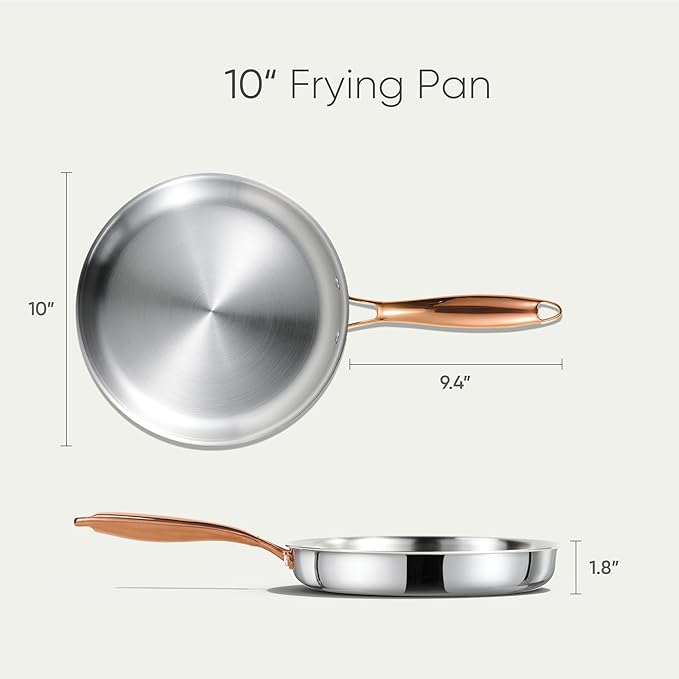 CAROTE 10" Tri-Ply Stainless Steel Frying Pan, Non-Toxic Fry Pan Egg Pan Omelet Pans, Oven Safe, Induction, Ceramic and Gas Cooktops Compatible, Polished Silver