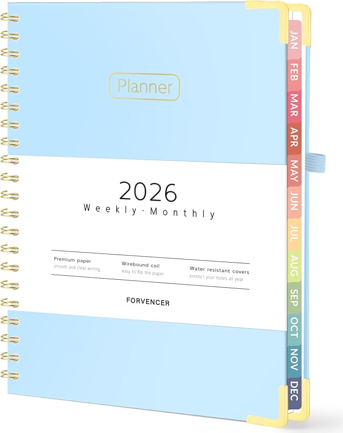Forvencer 2026 Planner, Hardcover Calendar Planner Weekly and Monthly, Jan 2026 - Dec 2026, 8.5" x 11", Spiral Agenda Book with Tabs, Exquisite Daily Journal Organizer for Home School, Light Blue