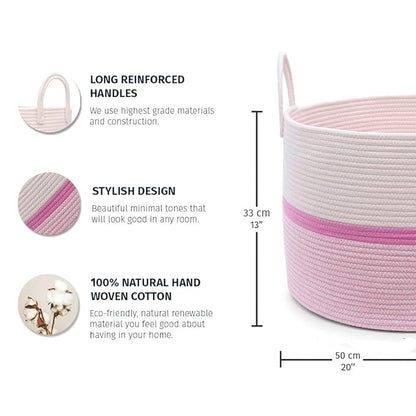 OrganiHaus Large Woven Storage Basket for Blankets and Toys 20" x 13" Inch, Rope Laundry Basket with Handles, Cushions & Pillows Storage Bin, Nursery Hamper, Soft Round Dog Toy Bin - Pink Stripe