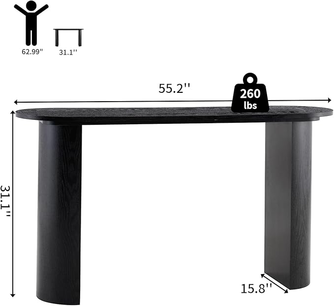 55" Console Table for Entryway, Narrow Sofa Entrance Table with Faux Mars Marble Pattern, Modern Sofa Tables with Rounded Curved Edges for Living Room, Hallway, Foyer, Home Office, Black