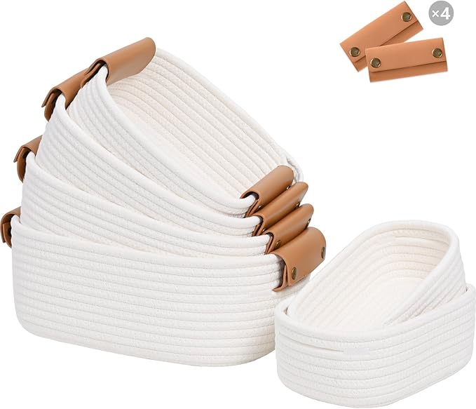 Storage Baskets for Organizing, Small Woven Basket Set of 6-4 Shelf Basket with Leather Handle and 2 Small Gift Baskets, Cotton Rope Basket for Shelves, Nursery, Dog Toy, Bathroom
