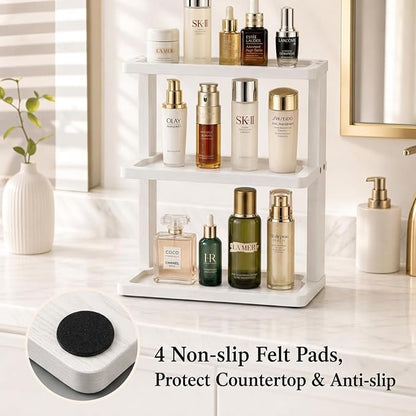 PEKER Bamboo Bathroom Organizer Countertop – Vanity Storage Shelf for Makeup, Perfume, Skincare – Natural Cosmetics Display Rack for Dresser, Sink, Kitchen – White