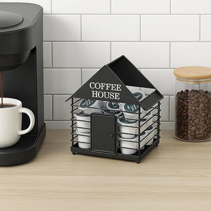 House-Shaped Coffee Pod Organizer – Countertop Coffee Station Holder for Keurig & Nespresso Pods – Modern Black or Gold Kitchen Organizer (Black)