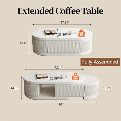 Modern Marble Coffee Table with Storage Drawers, Extendable Solid Wood Coffee Tables for Living Room, Fully Assembled Fluted Oval Center Table, No Installation Needed, White Finish