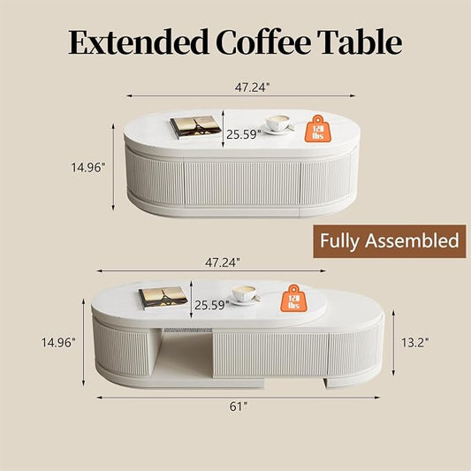 Modern Marble Coffee Table with Storage Drawers, Extendable Solid Wood Coffee Tables for Living Room, Fully Assembled Fluted Oval Center Table, No Installation Needed, White Finish