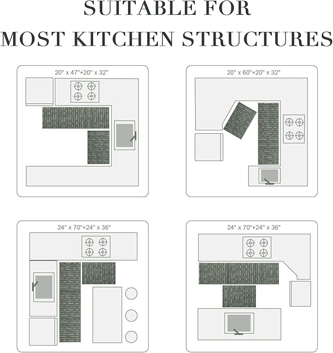 Kitchen Rugs Sets of 2-Non Slip Kitchen Mats for Floor-Thick Stain Resistant Vintage Kitchen Floor Mat Runner Carpet for Hallways Entryway Laundry Room Washable（Green 20"x47"+20"x32"）