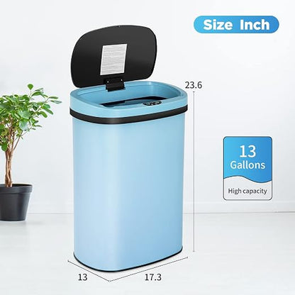 13 Gallon 50 Liter Garbage Can Kitchen Trash Can with Lid Automatic Sensor Touch Free Stainless Steel Waste Bin for Bathroom Bedroom Home Office (Blue)