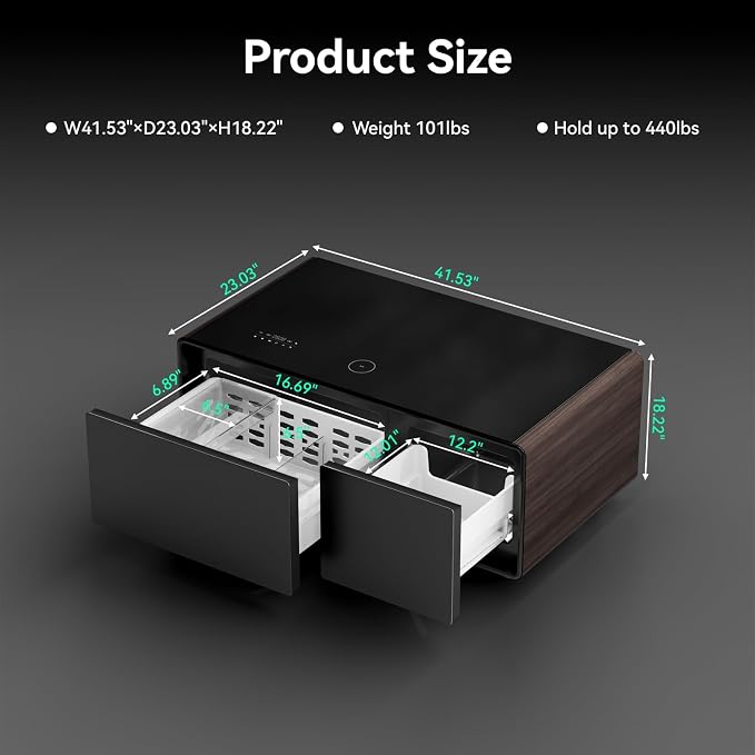 Smart Coffee Table with Fridge and Bluetooth, Smart Living Room Table with Frozen Drawers, Dual Speakers, 15W Wireless Charger, Touch Control, USB Ports, Atmosphere Light, LT90 Ultra-Brown