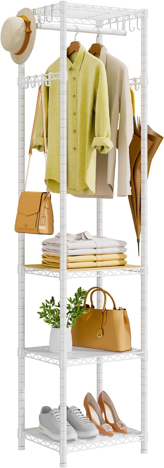 R1 Clothes Rack Heavy Duty, Clothing Racks for Hanging Clothes, Garment Rack with Storage Shelves, Small Coat Rack Freestanding for Entryway, Hallway, Bedroom, Max Load 448 Lbs, White