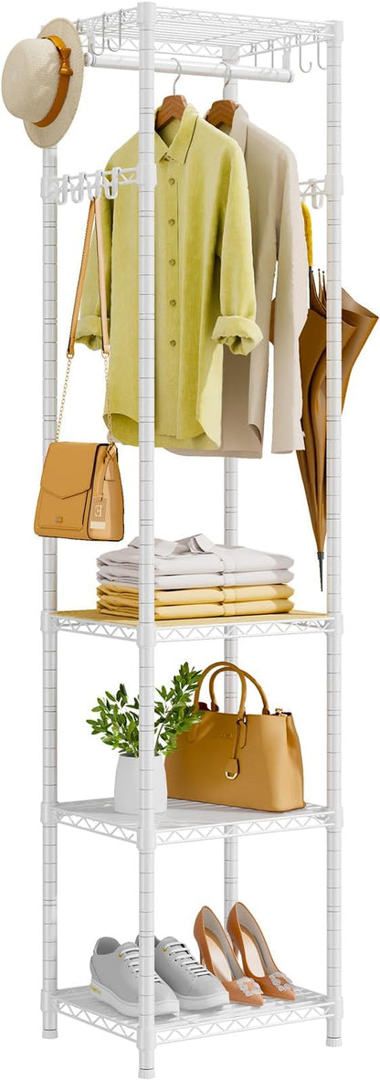 R1 Clothes Rack Heavy Duty, Clothing Racks for Hanging Clothes, Garment Rack with Storage Shelves, Small Coat Rack Freestanding for Entryway, Hallway, Bedroom, Max Load 448 Lbs, White