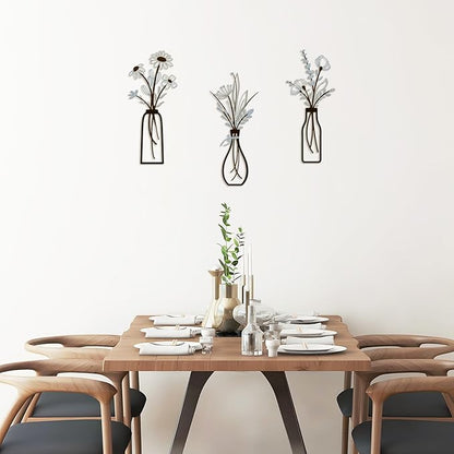 3 Pieces Metal Vase Flowers Wall Arts - Rustic Farmhouse Style Décor Metal Wall Art Black Minimalist Flower Natural Themed Wall Decors for Home Bedroom Dining Room Housewarming (Brown-Blue, Vase-C)