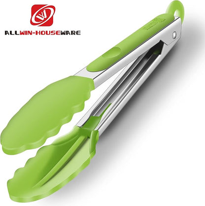 2 Pack Silicone Kitchen Tongs – 9" & 12" Set, Heat Resistant up to 500°F, Non‑Stick Cookware Safe, Wavy Silicone Tips, BPA Free, Locking Clip & Hanging Loop, Light Green