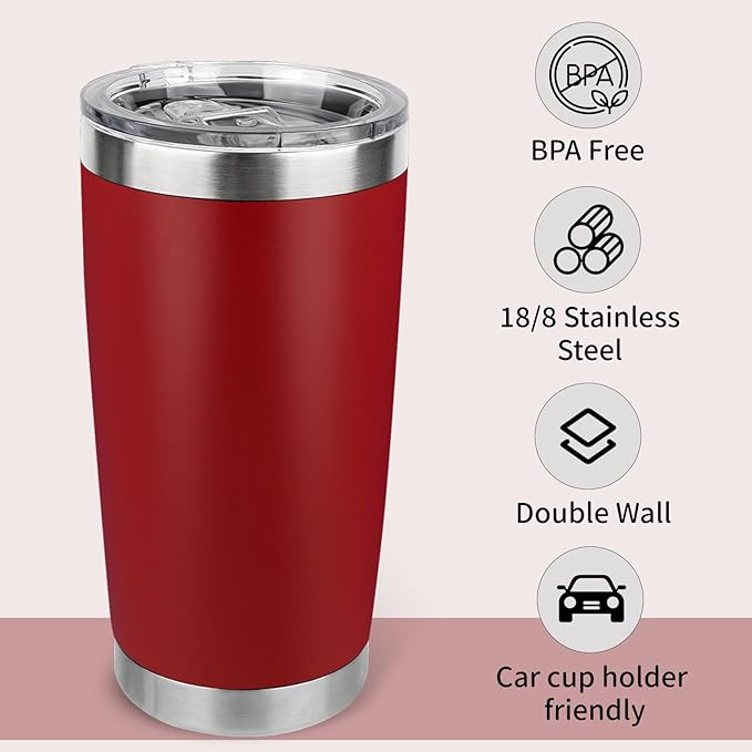 20oz Stainless Steel Tumbler with Lid, Travel Mug - Double Wall Vacuum Powder Coated Cup - Red, 1 Pack