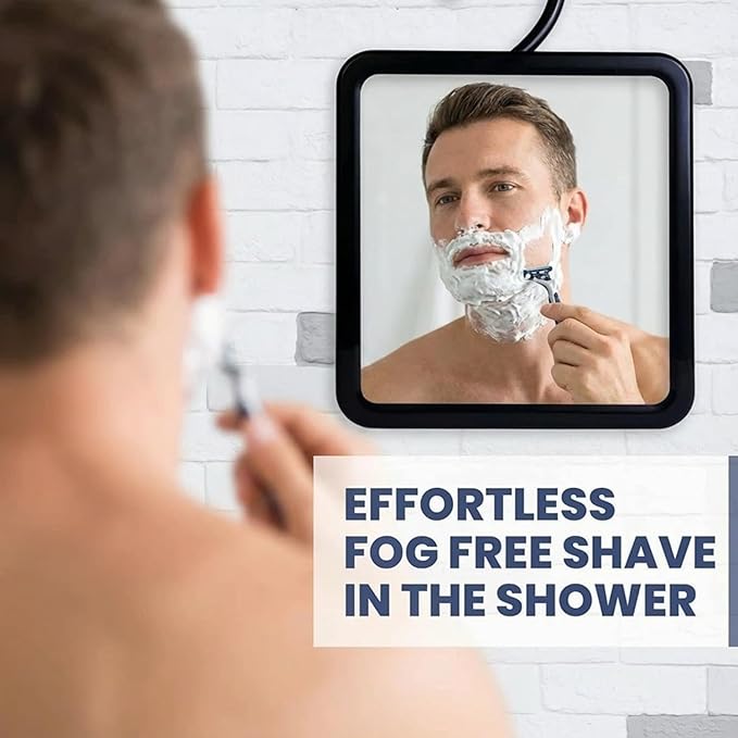 MIRRORVANA Real Glass Hanging Fogless Shower Mirror - Distortion-Free & Adjustable Swivel Hook for Effortless Shaving - Fill Back Chamber/Reservoir with Hot Water for Anti-Fog Effect (8" x 7", Black)