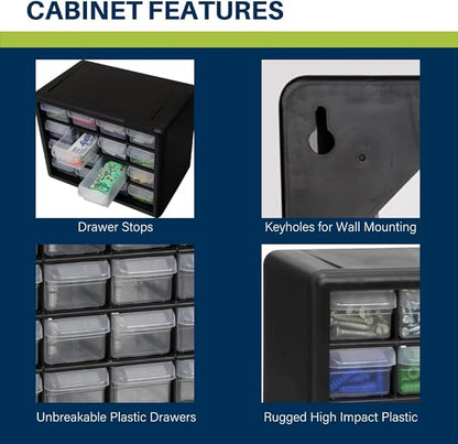 Akro-Mils 16-Drawer Plastic Storage Cabinet | 10-1/2 x 6-1/2 x 8-1/2 Inch | Black | Model 10116 | Garage Organization