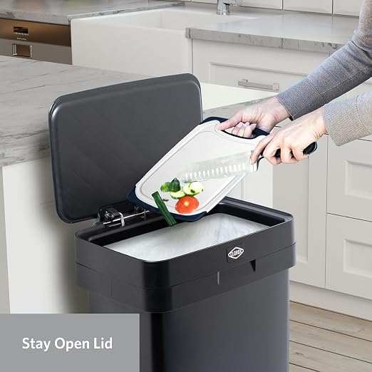 Clorox 13 Gallon Trash Can - 50L Kitchen Trash Can with Wide Step Pedal - Rectangular Black Stainless Garbage Bin with Hinged Rim and Odor Protection