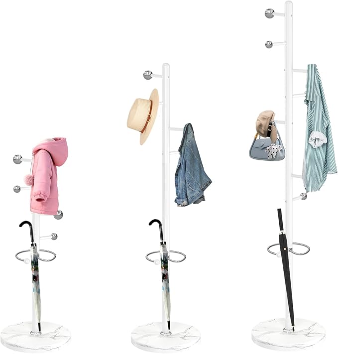 ZOZOE Metal Coat Rack Stand, Modern Coat Rack Freestanding with Natural Marble Base, Sturdy Industrial Coat Racks with 8 Hooks & Umbrella Holder,White Coat Tree Hanger Stand for Entryway,Office