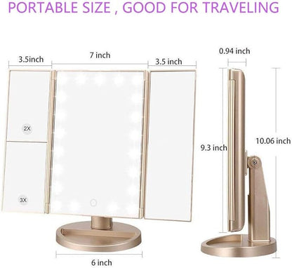 deweisn Floor Mount Tri-Fold Lighted Vanity Mirror with 21 LED Lights, Touch Screen and 3X/2X/1X Magnification, Two Power Supply Modes Make Up Mirror,Travel Mirror