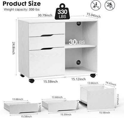 DUMOS Lateral File Cabinet with 3 Drawers Rolling Filing Cabinets Under Desk Storage Printer Stand Wood Organizer with Wheels Adjustable Shelf for Office Home Small Space, White