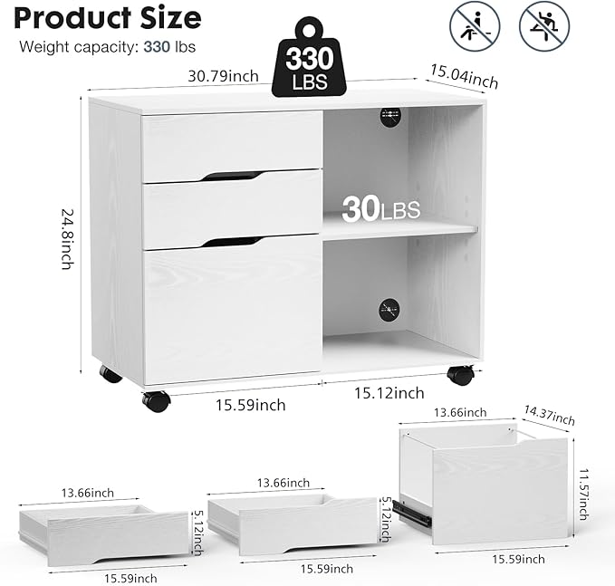 DUMOS Rolling File Cabinet with 3 Drawers, Wood Under Desk Printer Stand with Wheels and Adjustable Shelves, Lateral Filing Cabinet for Home Office, Small Space Storage Organizer, White