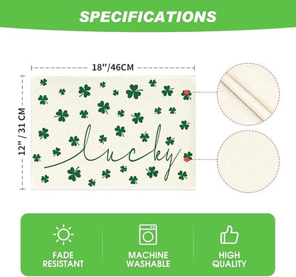 Artoid Mode Beige Lucky Shamrock St. Patrick's Day Placemats Set of 4, 12x18 Inch Seasonal Holiday Table Mats for Party Kitchen Dining Decoration