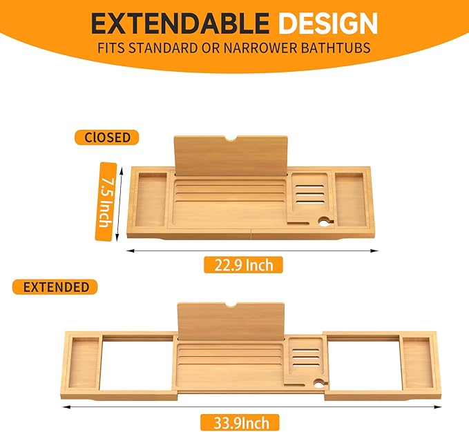 Premium Bamboo Bathtub Caddy Tray with Extending Sides, Adjustable Wood Bath Tray for Luxury Bath, Fits Most Tubs, Accessories Gift Idea