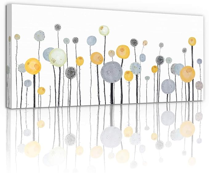 MHARTK66 Canvas Wall Art Abstract Dandelion Modern Minimalist Wall Decor – Neutral Yellow Gray Watercolor Paintings Stretched Ready to Hang Pictures for Living Room Bedroom Bathroom Home Office