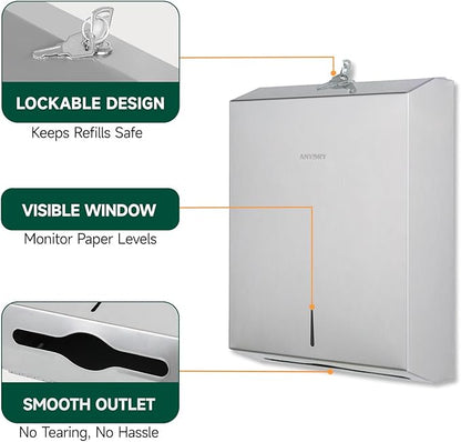 Commercial Paper Towel Dispenser Wall Mount 400-Sheet Capacity Brushed Stainless Steel Lockable Fits Multifold/Z-Fold Towels (Folded Size ≤ 10.6" x 3.9")