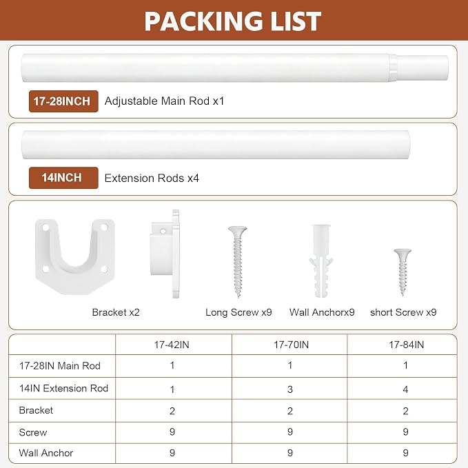 Closet Rods for Hanging Clothes, 17-84 Inch Stepless Adjustable Closet Rod, 1.3 Inch Heavy Duty Metal Clothes Hanging Rod, Expandable Closet Bar Hanger Rod for Closet Wardrobes Laundry RV White