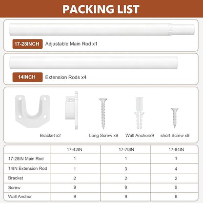 Closet Rods for Hanging Clothes, 17-84 Inch Stepless Adjustable Closet Rod, 1.3 Inch Heavy Duty Metal Clothes Hanging Rod, Expandable Closet Bar Hanger Rod for Closet Wardrobes Laundry RV White